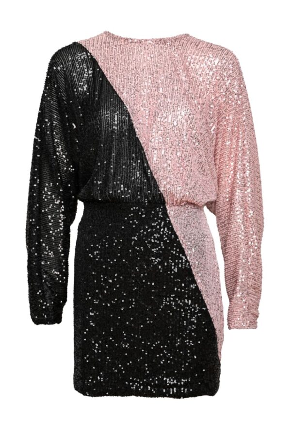 φόρεμα ροζ και μαύρη παγιέτα, μίνι, ιδιαίτερο στυλ,occasion wear, βραδινό, θηλυκό , λαμπερό, oversized πάνω μέρος, μακρύ μανίκι