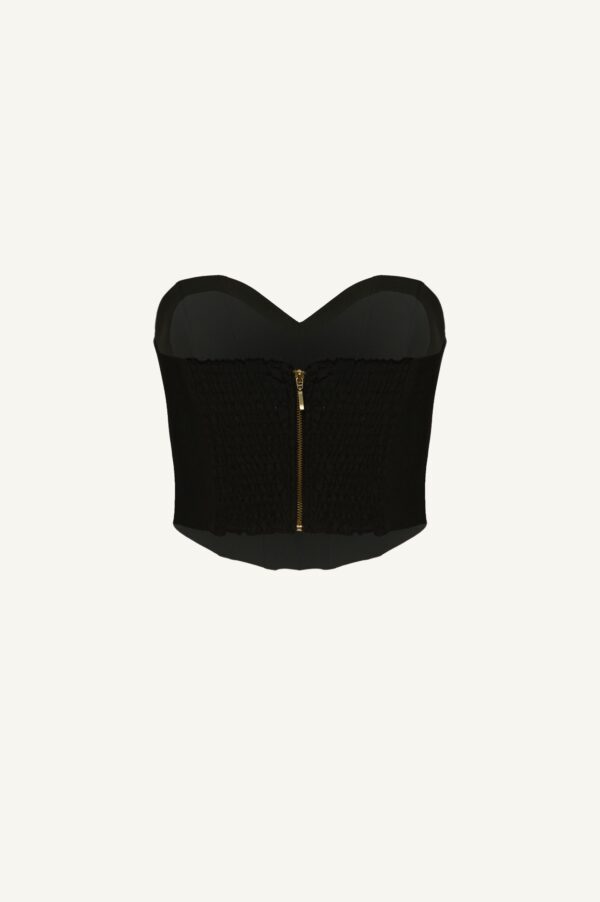 evening wear black bustier top,luxury clothing, vradino mavro mpoysto ,party dressing