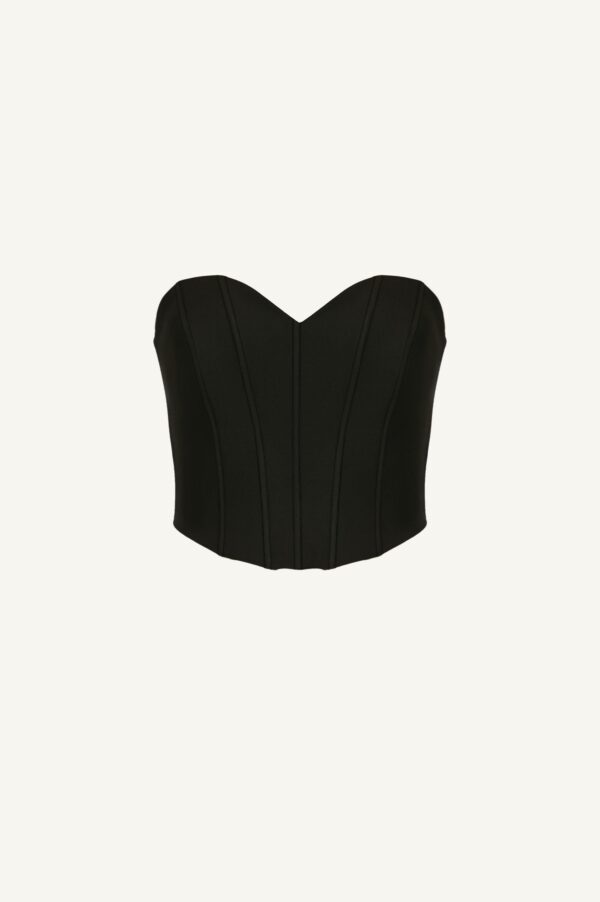 evening wear black bustier top,luxury clothing, vradino mavro mpoysto ,party dressing